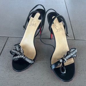 Christian Louboutin -  Black Leather Rhinestone Sandal - Size 38